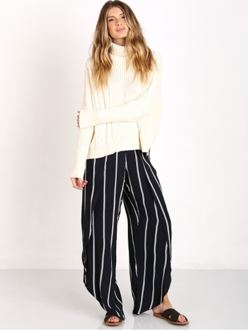 New Faithfull the Brand Navy Blue White Wide Leg Wrap Bittersweet Beach Pants L